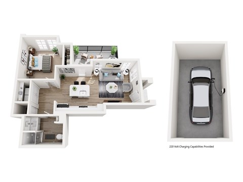 Floor plan for 1 bed, 1 bath, 679 sqft